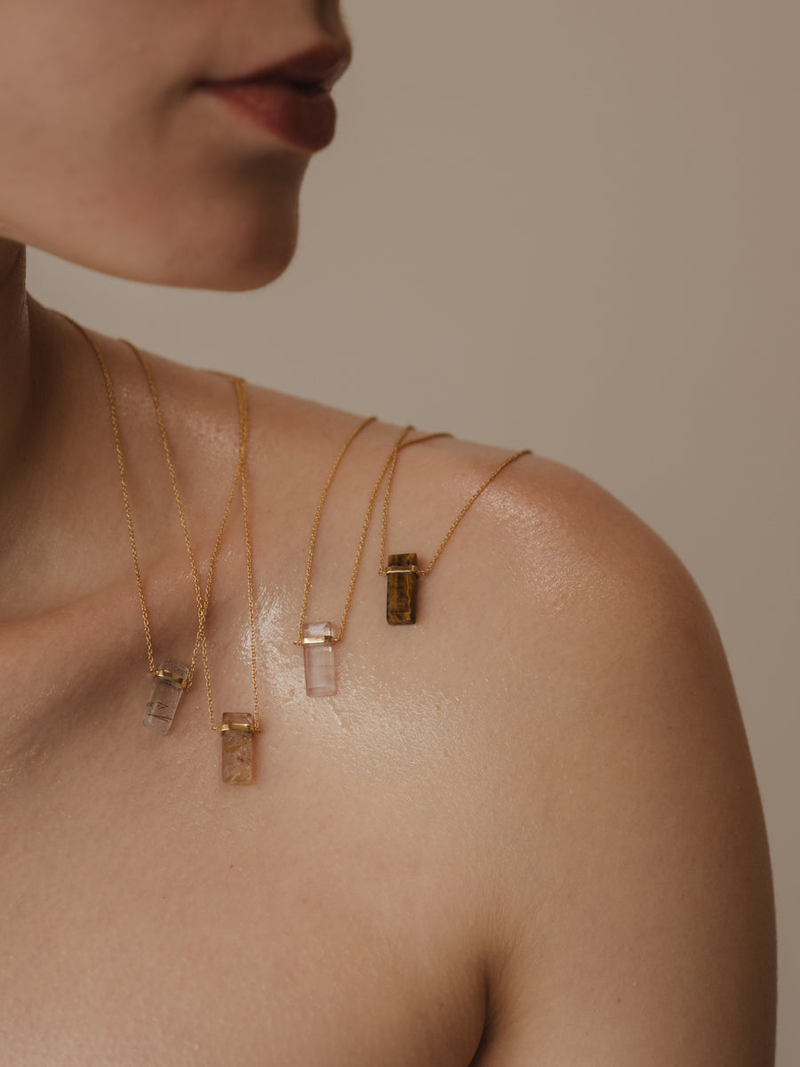 (Pink amethyst/gold) rect bandage necklace