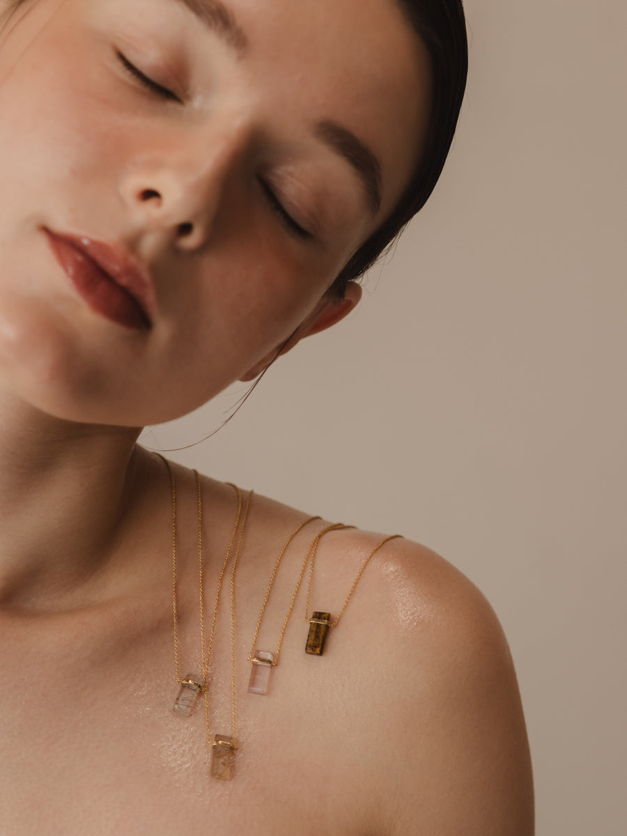 (Pink amethyst/gold) rect bandage necklace