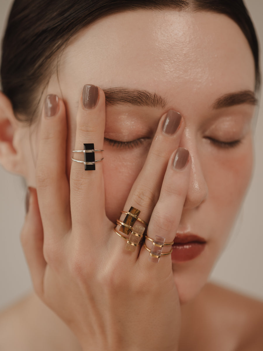 (Pink amethyst/gold) rect bandage ring