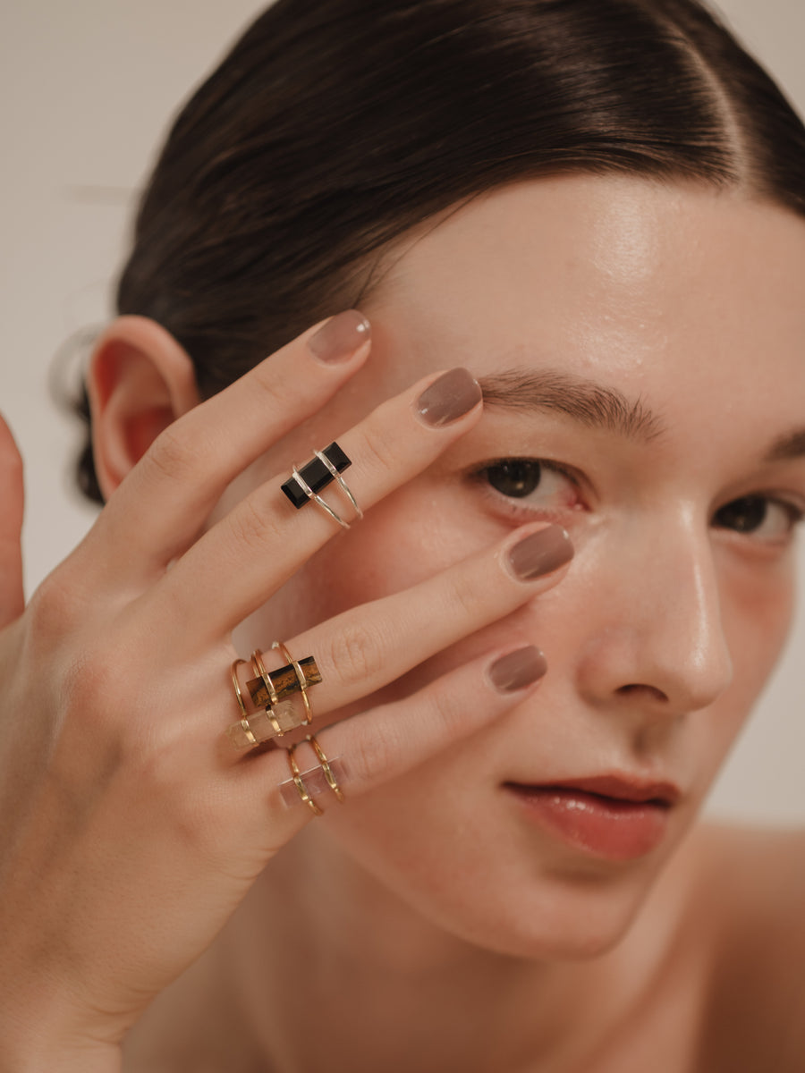 (Pink amethyst/gold) rect bandage ring