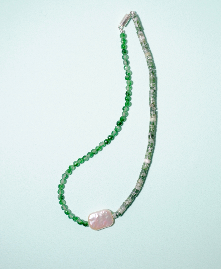 (Pearl/Tree Agate/Green Quartz) 2-way Playful Rosary Necklace #003