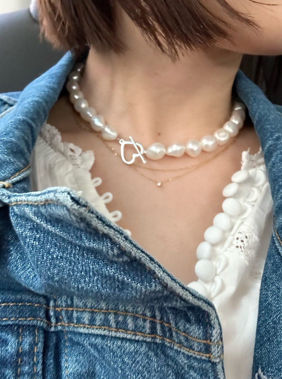 (Pearl/silver) heart mantel pearl necklace 