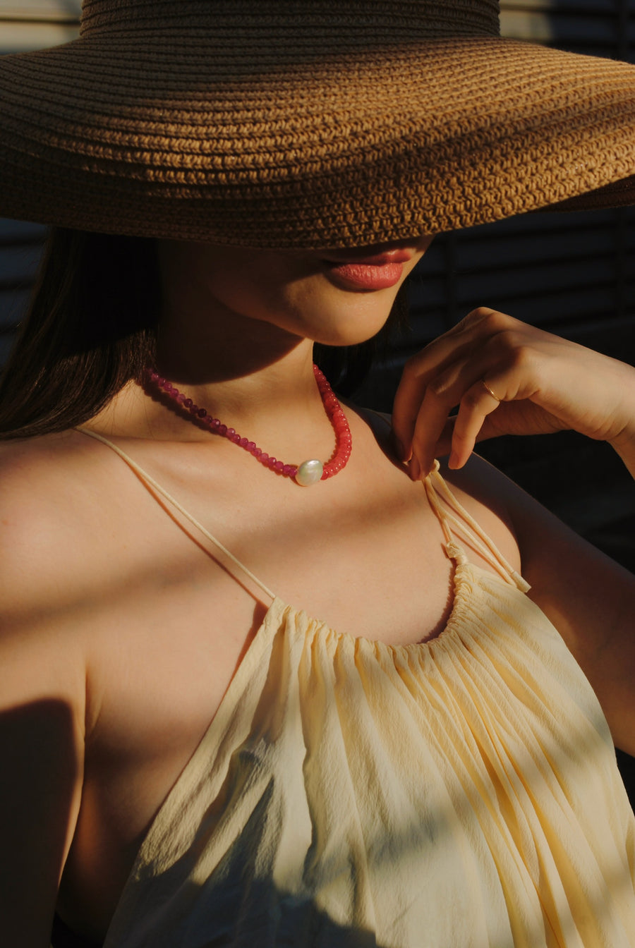 (ピンククオーツ_ルビークオーツ_パール) 2way playful rosary necklace
