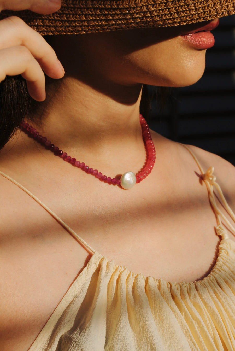 (ピンククオーツ_ルビークオーツ_パール) 2way playful rosary necklace