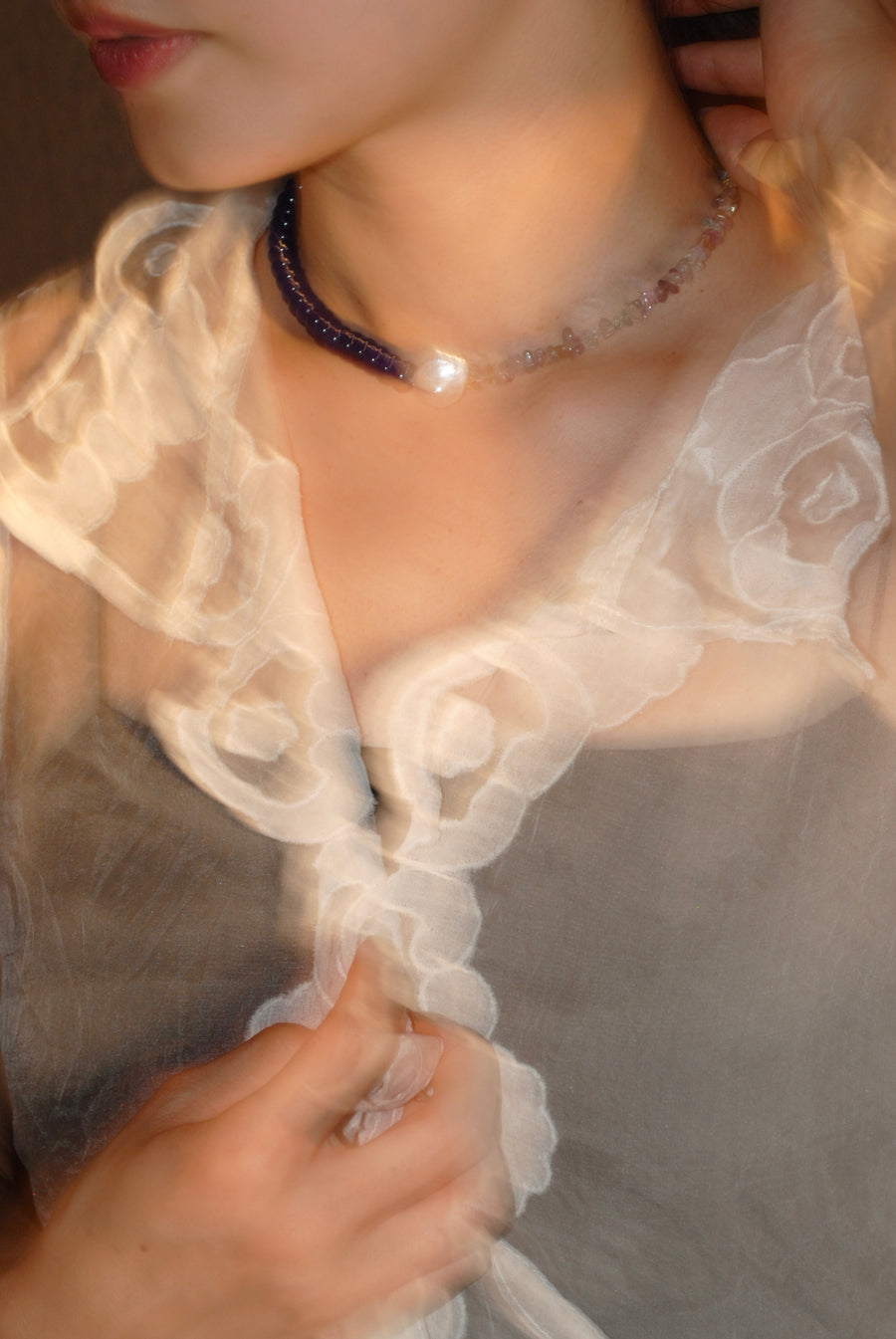 (マルチフローライト_アイオライト_パール) 2way playful rosary necklace