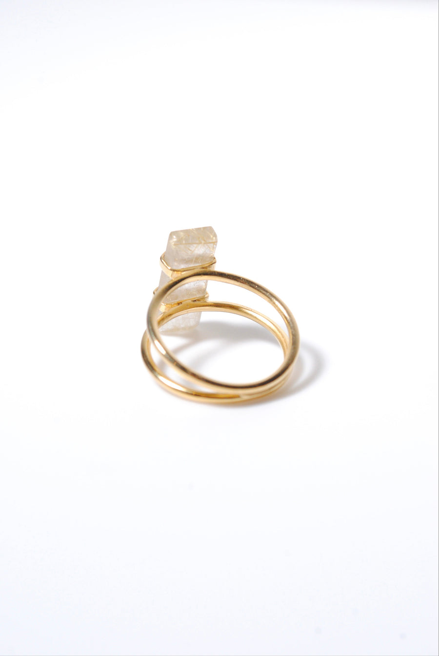 (Golden rutilated quartz) rect bandage ring