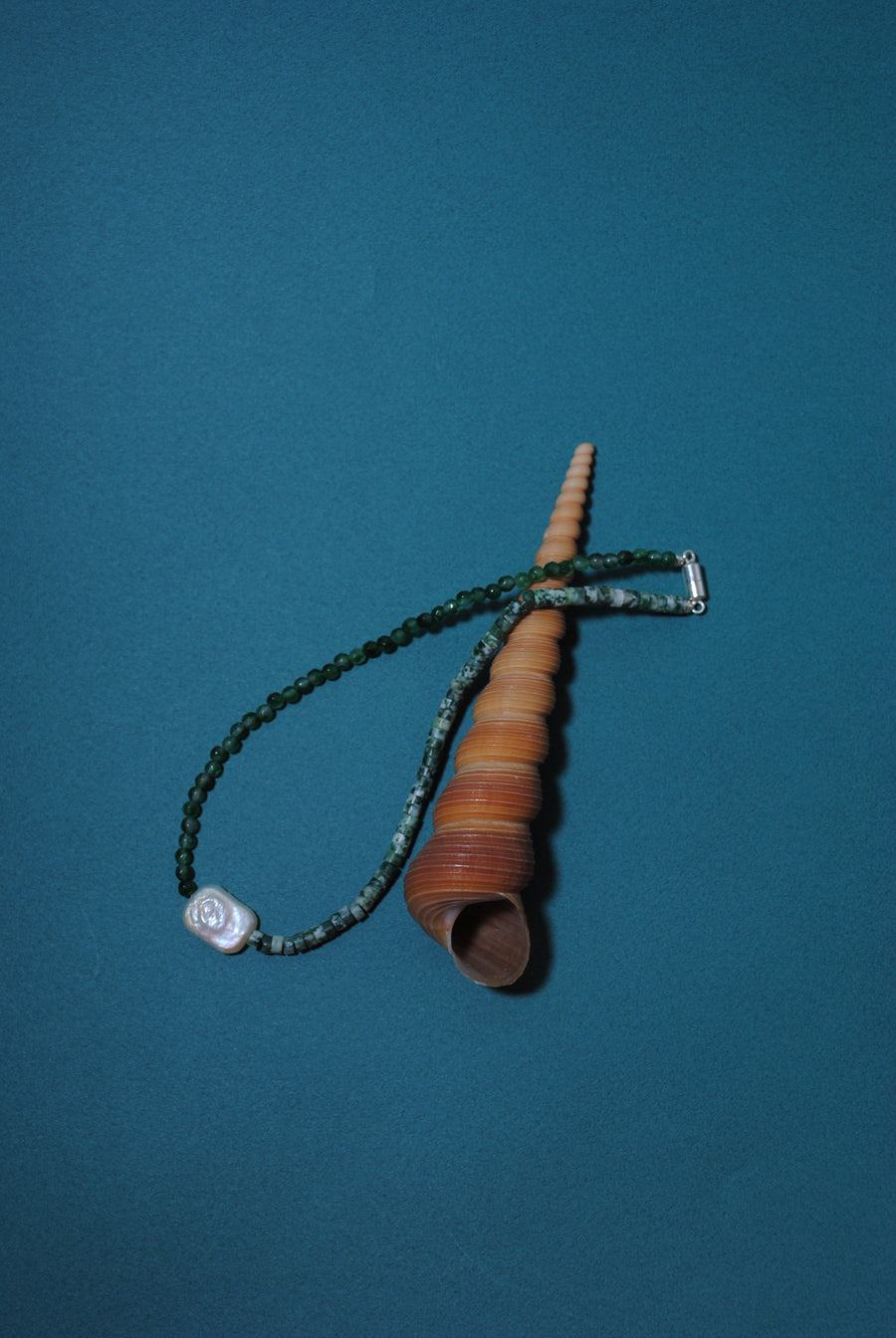 (Pearl/Tree Agate/Green Quartz) 2-way Playful Rosary Necklace #003