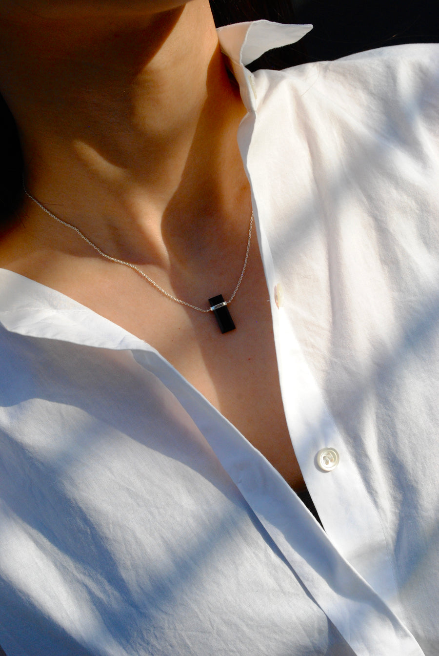 (Black onyx/silver) rect bandage necklace