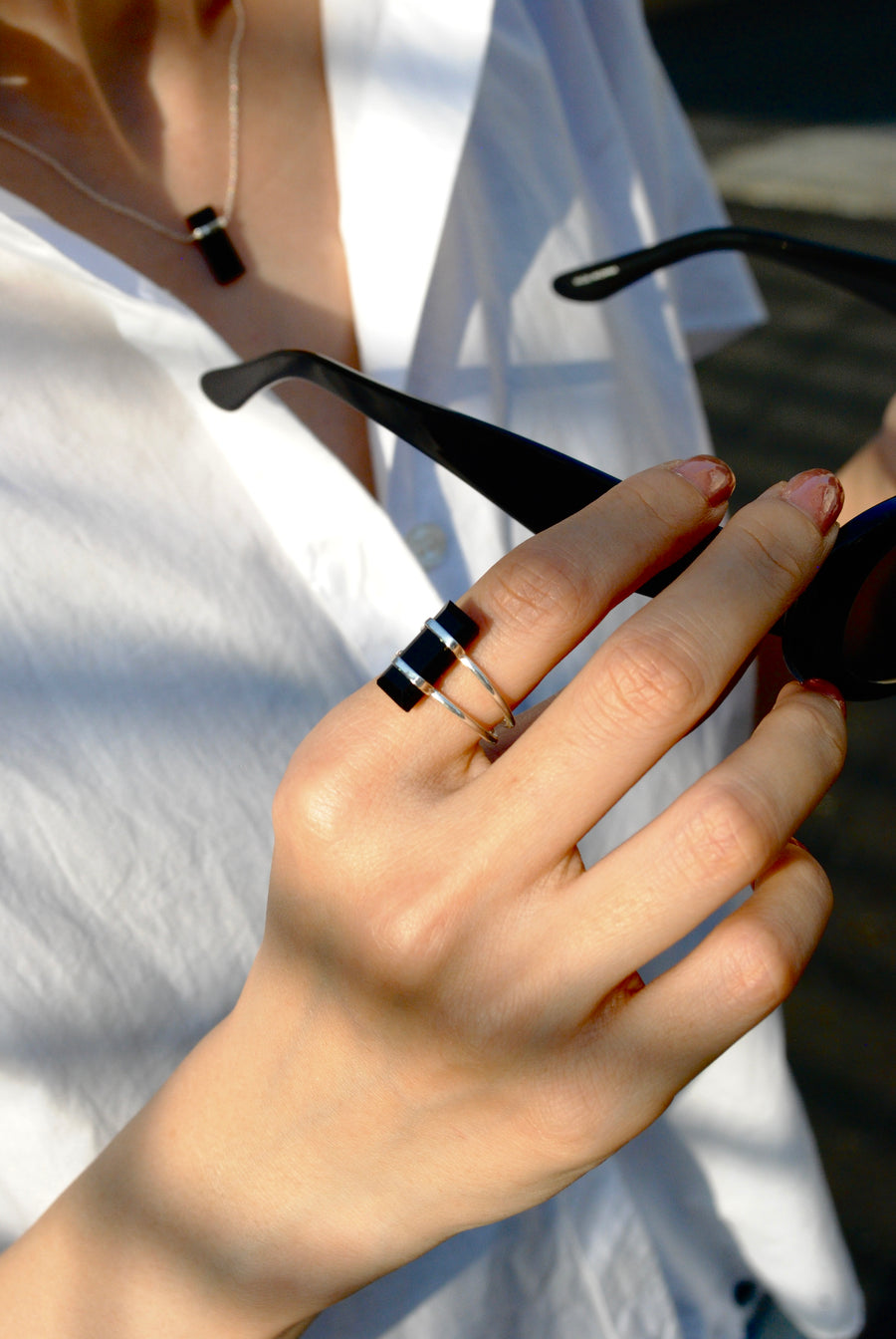(Black onyx/silver) rect bandage ring