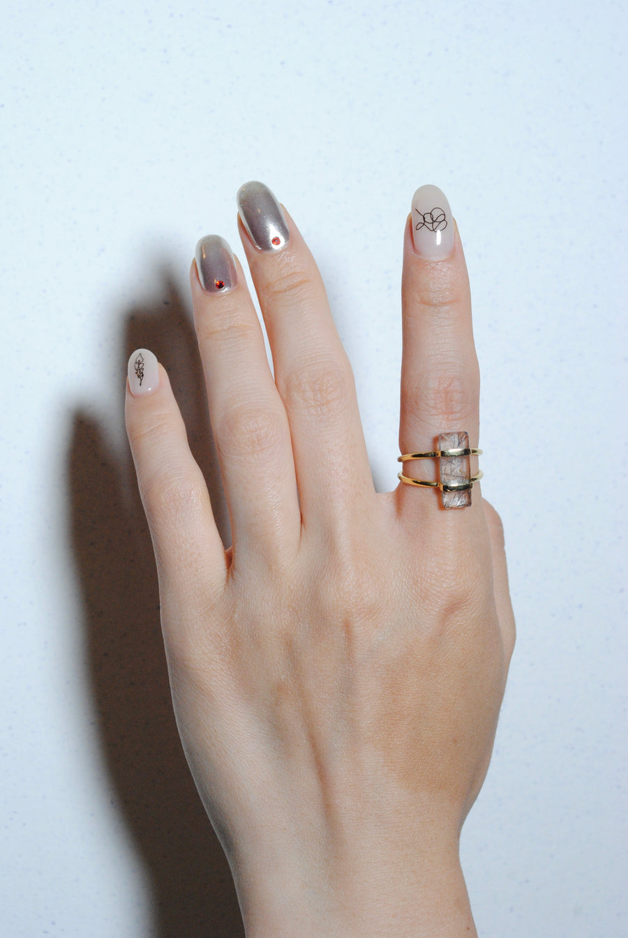 (Black rutilated quartz/gold) rect bandage ring