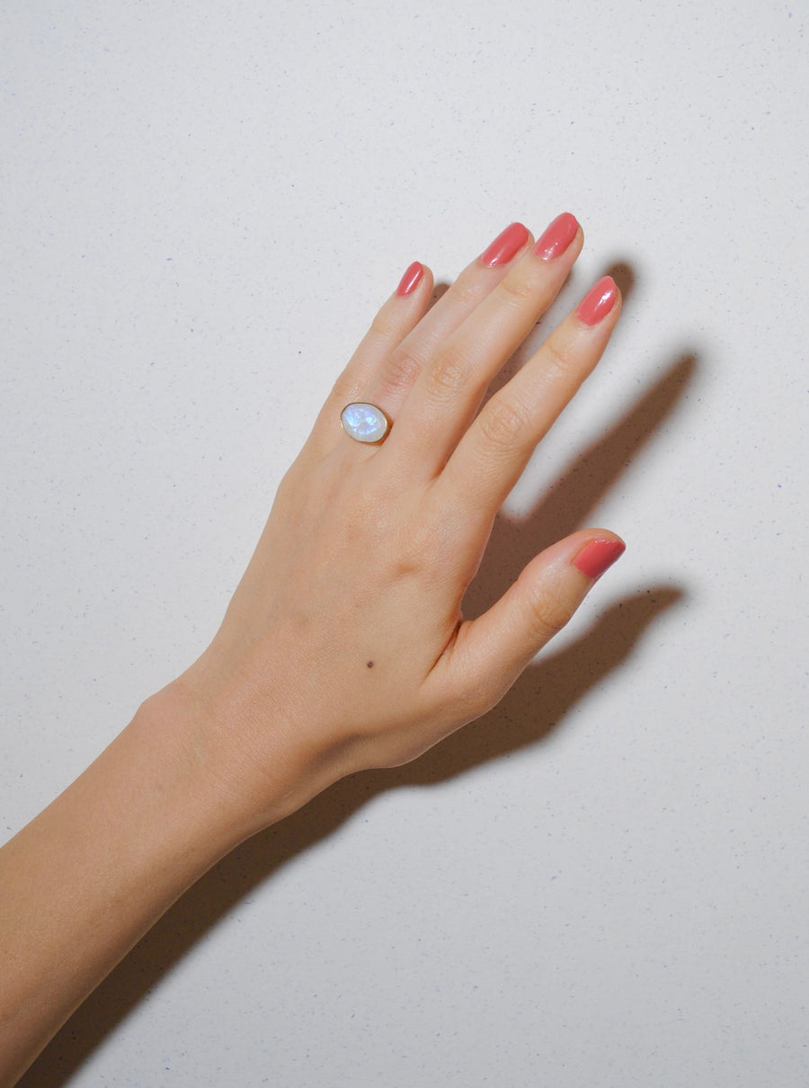 Rainbow Moonstone (gold): oval flower ring