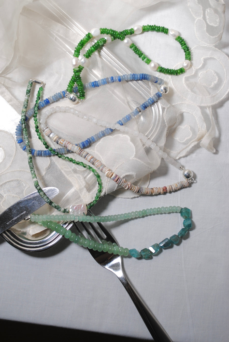 (Pearl/Tree Agate/Green Quartz) 2-way Playful Rosary Necklace #003