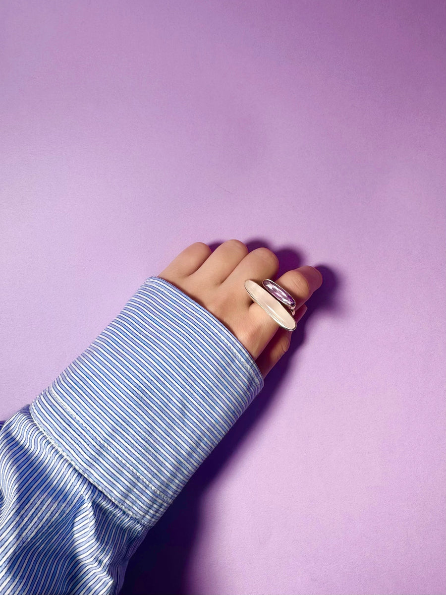 (Rose quartz/silver) volume baguette ring