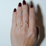 (モアサナイト/gold）cross  rhythm double finger ring