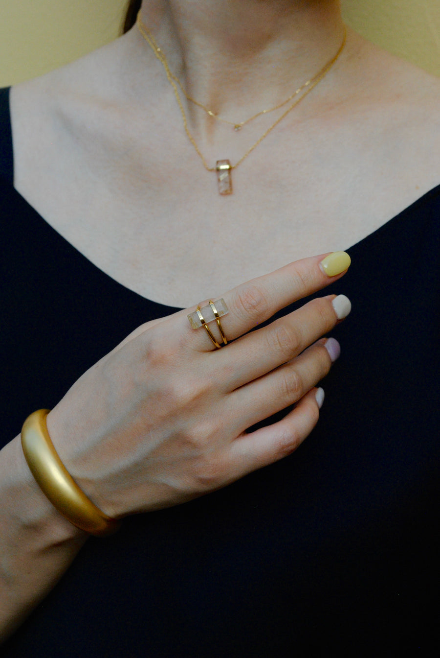 (Golden rutilated quartz) rect bandage ring