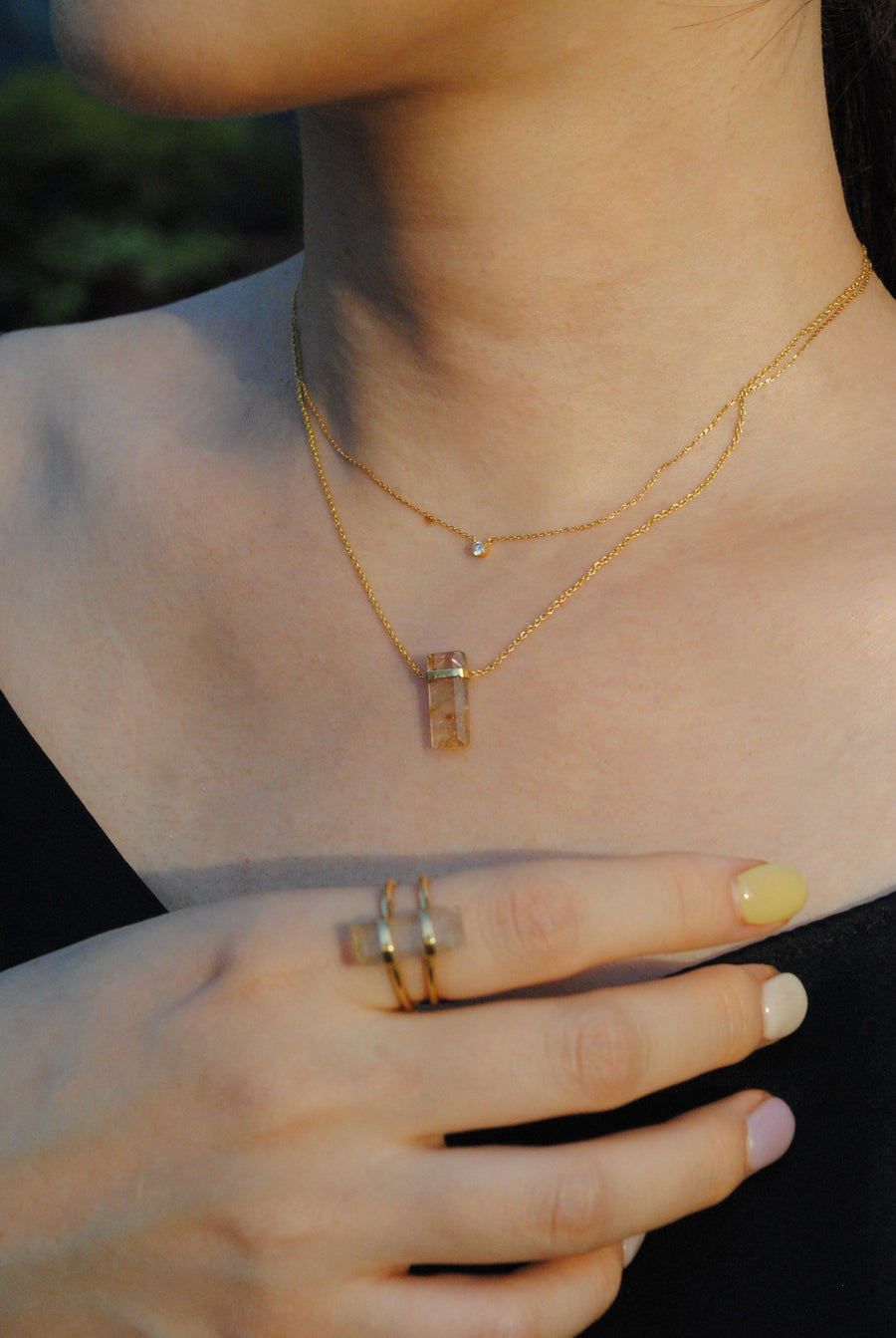 (Golden rutilated quartz/gold) rect bandage necklace