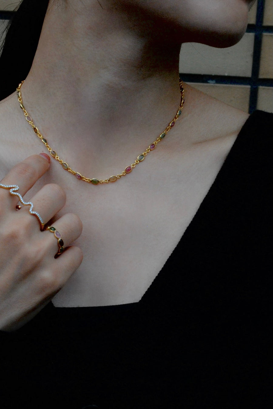 (マルチトルマリン/gold) oval horizon CAB eternity necklace