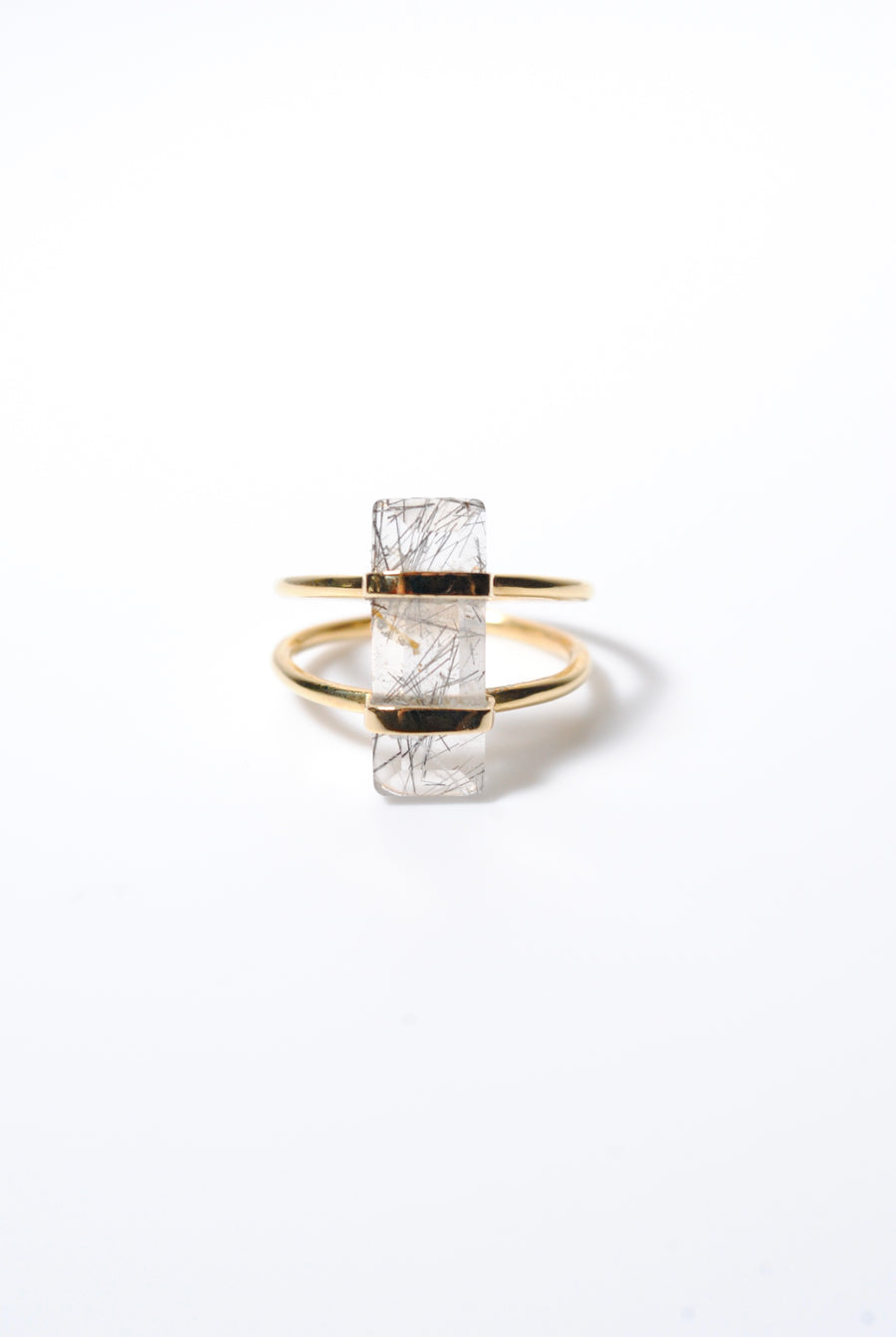 (Black rutilated quartz/gold) rect bandage ring