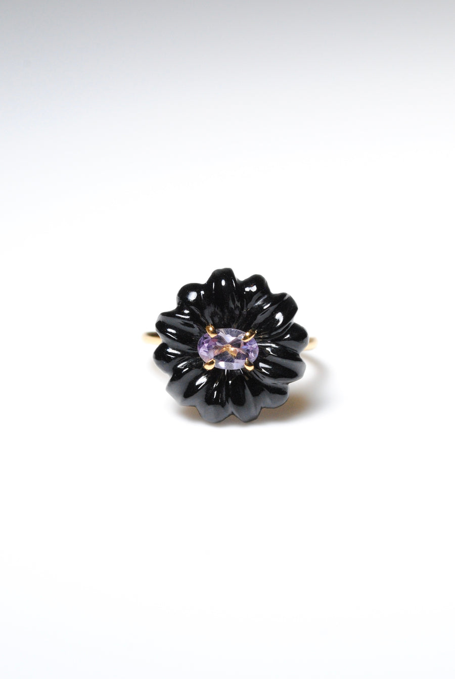 (Black onyx &amp; pink amethyst) flower carving ring