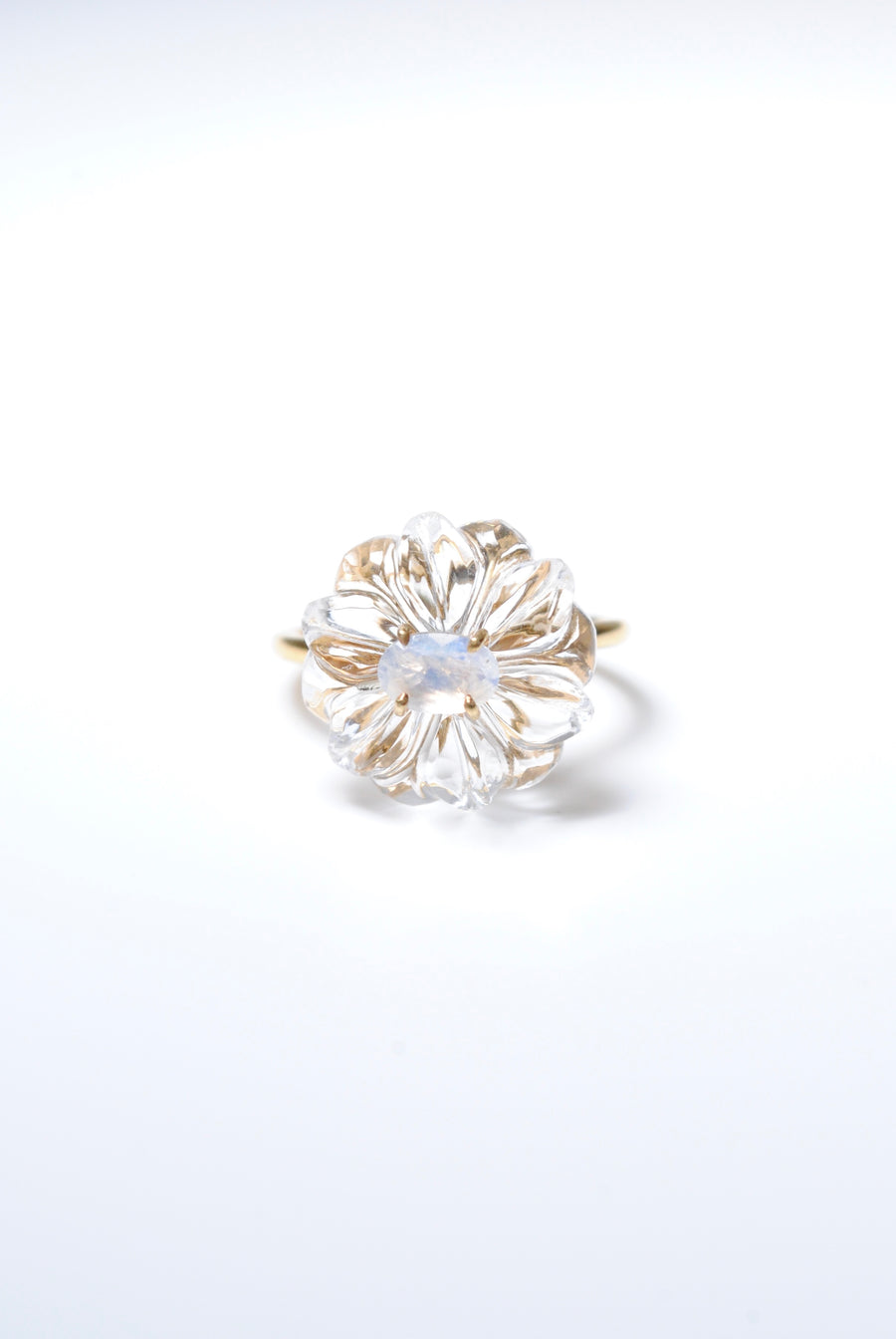 (Crystal &amp; Rainbow Moonstone) Flower Carving Ring