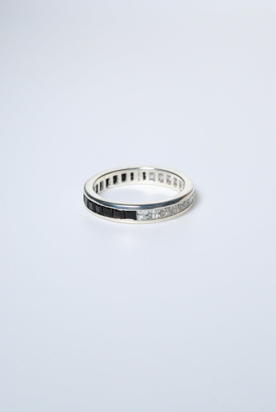 (Black Onyx &amp; White Topaz/Silver) Bi-Color 3-Way Square Eternity Ring