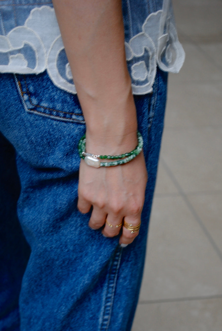 (Pearl/Tree Agate/Green Quartz) 2-way Playful Rosary Necklace #003