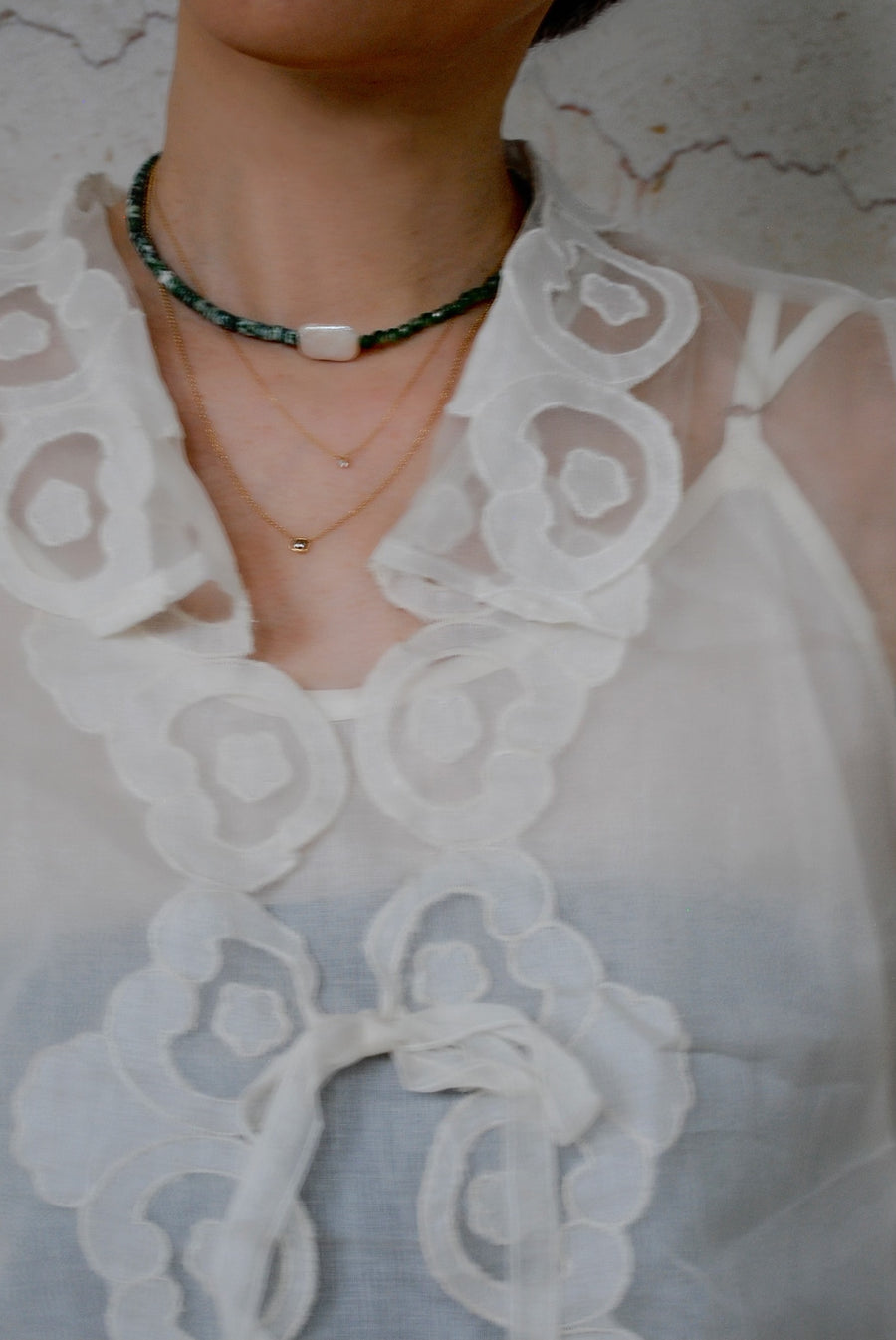 (Pearl/Tree Agate/Green Quartz) 2-way Playful Rosary Necklace #003