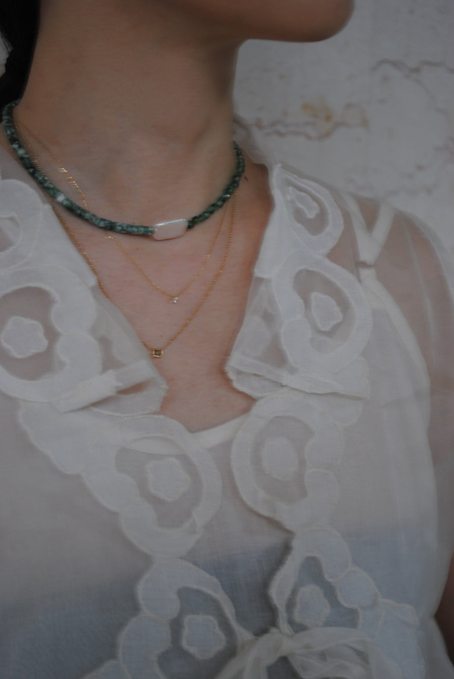 (Pearl/Tree Agate/Green Quartz) 2-way Playful Rosary Necklace #003