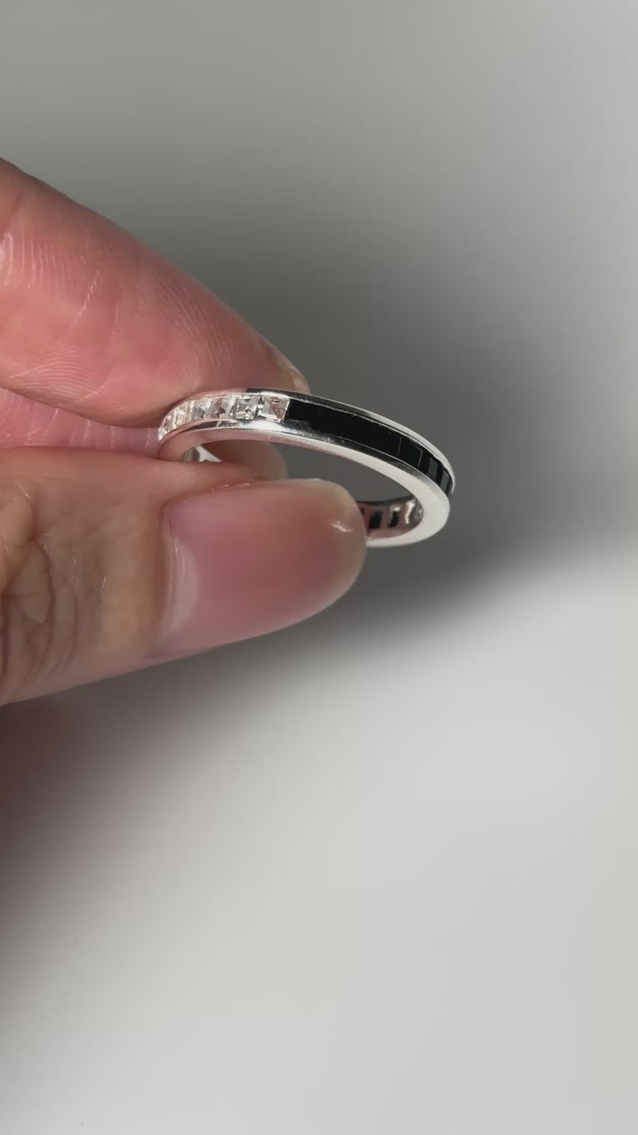 (Black Onyx &amp; White Topaz/Silver) Bi-Color 3-Way Square Eternity Ring