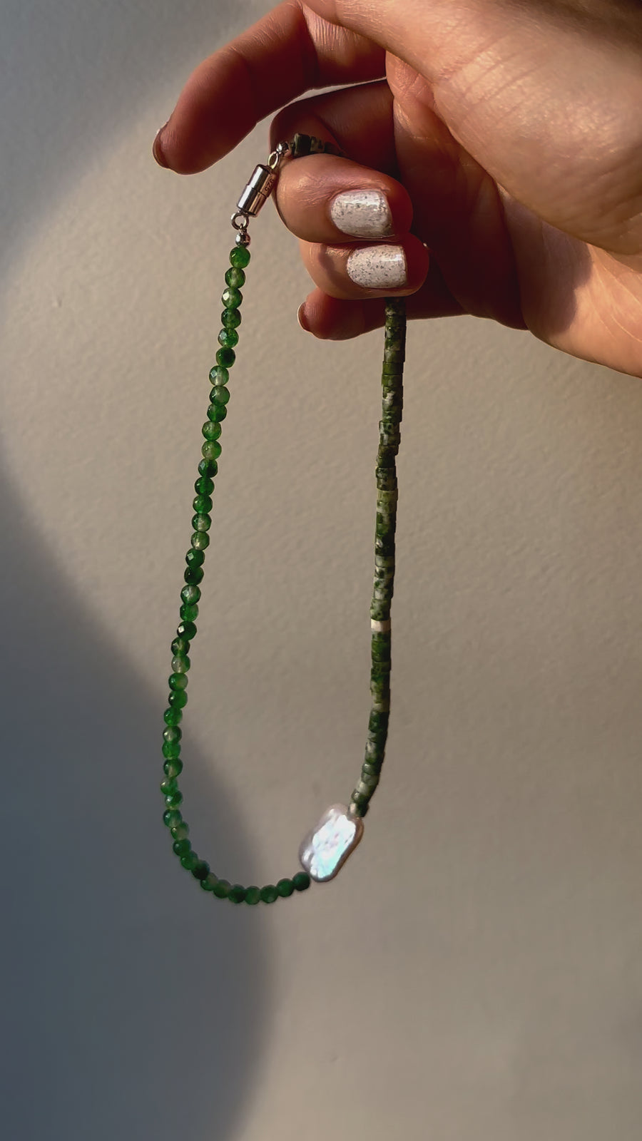 (Pearl/Tree Agate/Green Quartz) 2-way Playful Rosary Necklace #003