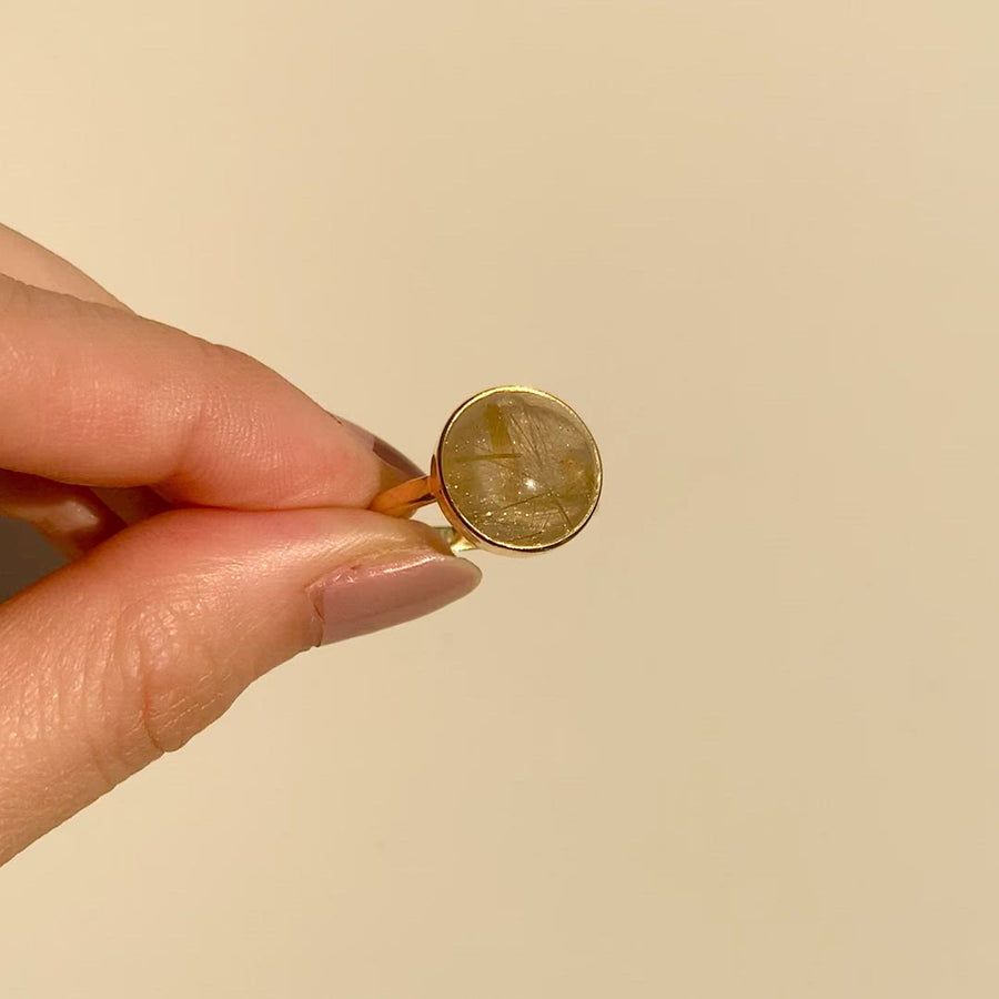 (Golden rutilated quartz/gold) moon walk ring
