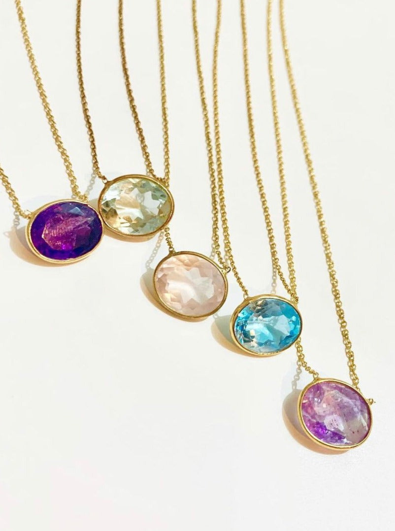 Green amethyst (gold): oval flower necklace