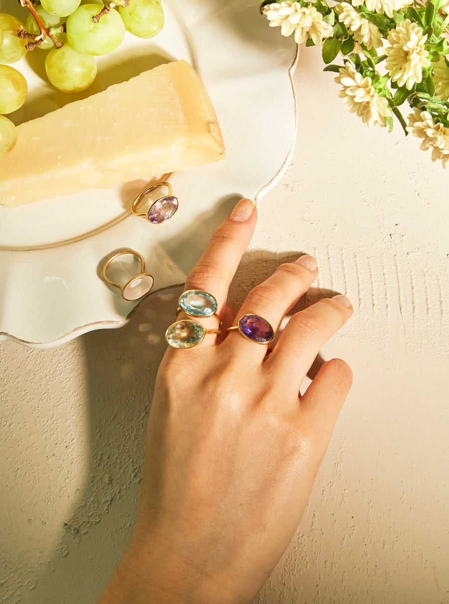 (Black rutilated quartz/silver) oval flower ring